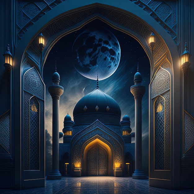 A mosque with a moon in the background