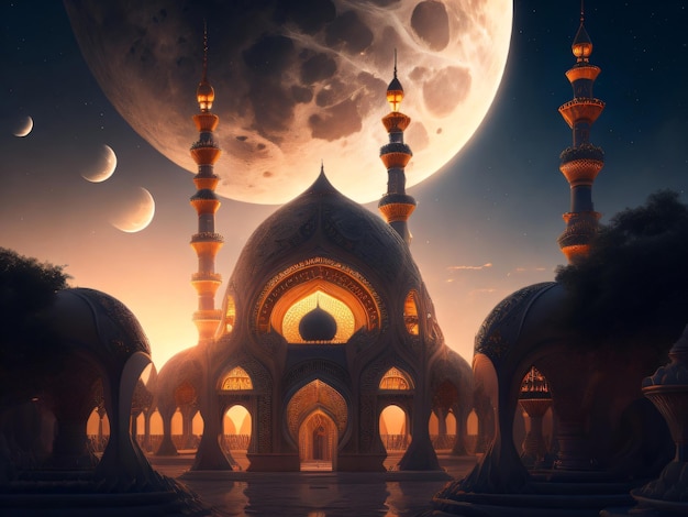 A mosque with a moon in the background