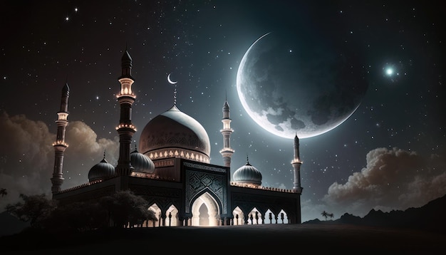 A mosque with a moon in the background
