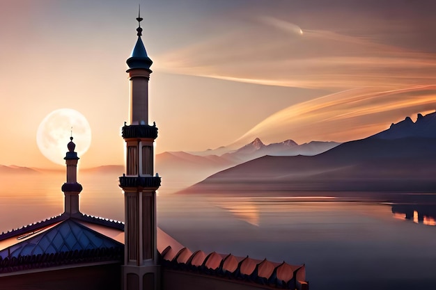 a mosque with a moon in the background