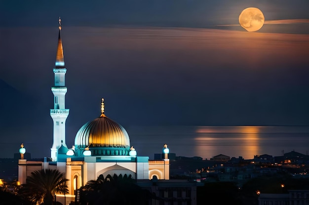 a mosque with a moon in the background