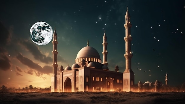A mosque with the moon in the background