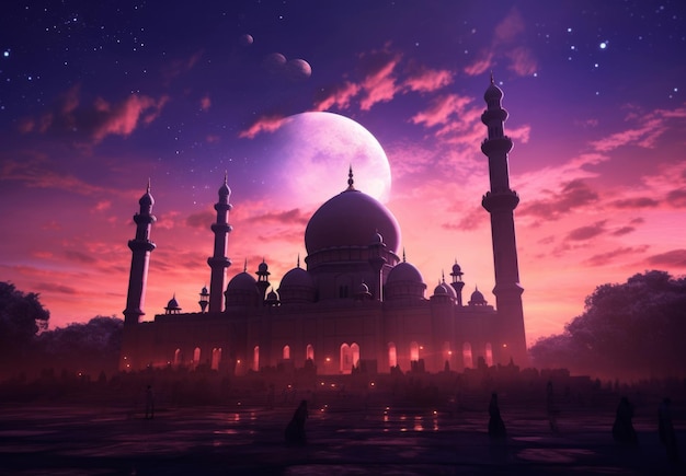 A mosque with a moon in the background