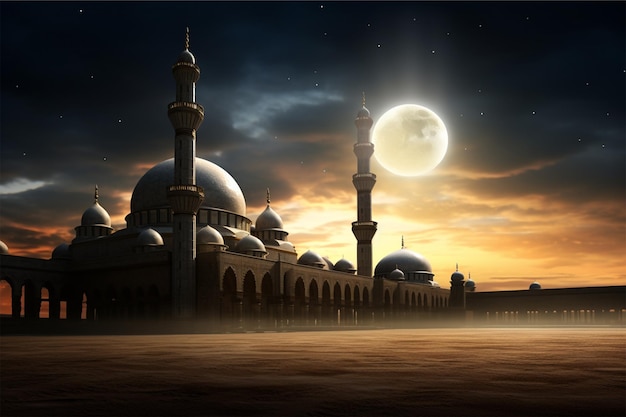 A mosque with a moon in the background