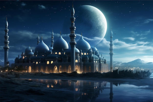 A mosque with a moon in the background