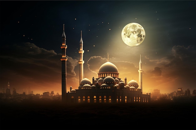 A mosque with a moon in the background