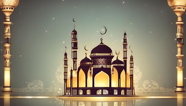 a mosque with a moon and a clock on the top