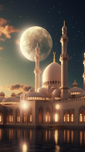 a mosque with a moon and clouds in the sky.