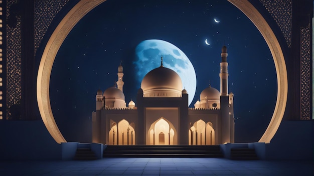 Mosque with a moon in the dark blue luxury background