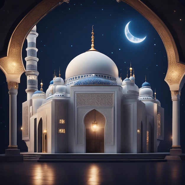 Mosque with a moon in the dark blue luxury background