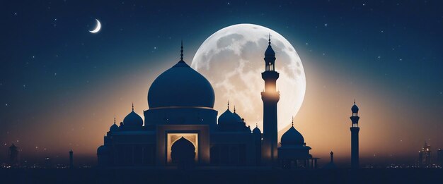 Mosque with a moon in the dark blue luxury background