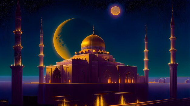 A mosque with a moon behind it