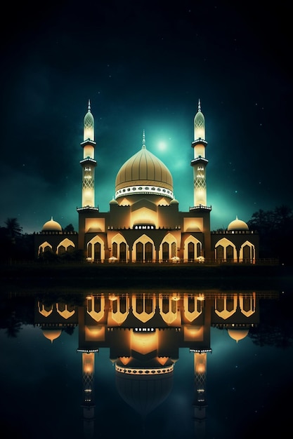 A mosque with a moon behind it