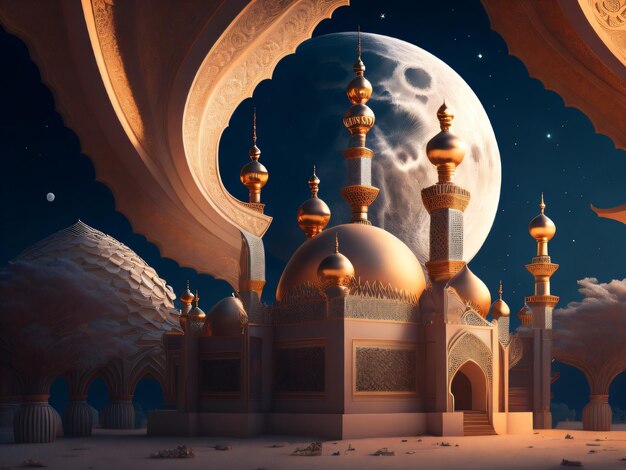 A mosque with a moon behind it