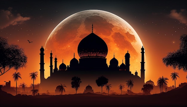 A mosque with a moon behind it