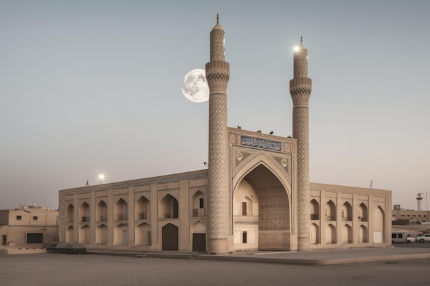 A mosque with a moon over its roof under the sky