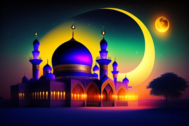 A mosque with a moon and the moon in the background