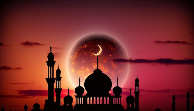 A mosque with a moon and the moon in the background