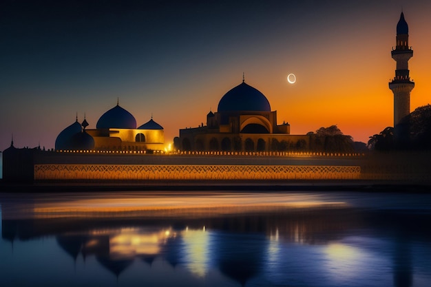 A mosque with the moon in the sky