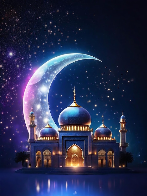 a mosque with a moon and stars in the background