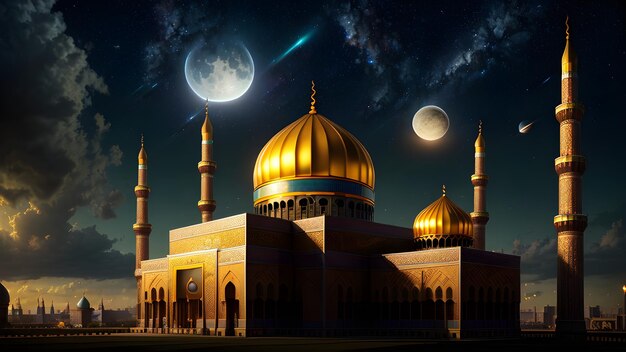 A mosque with a moon and stars in the background