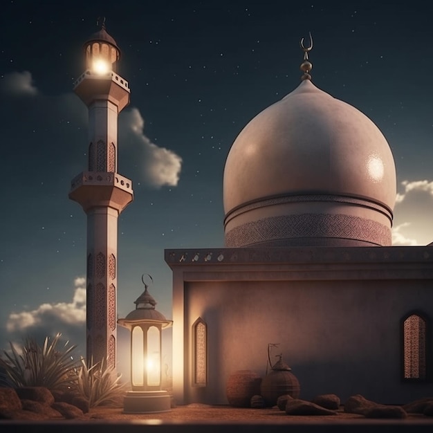 A mosque with a moon and stars on the top