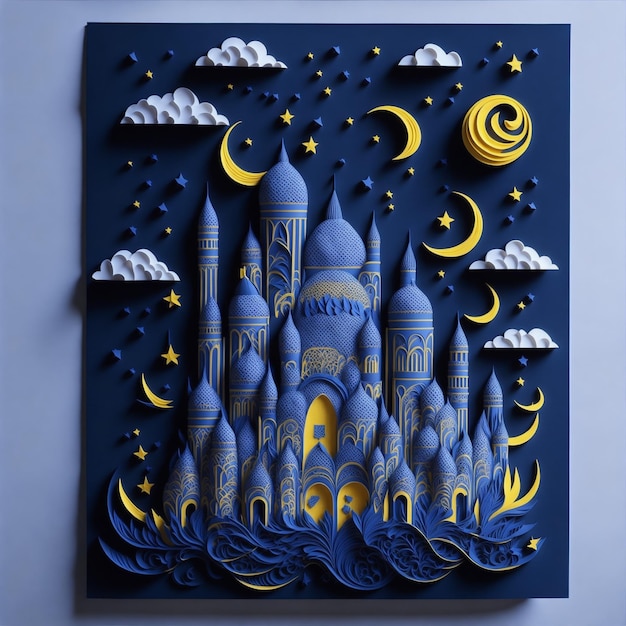 Photo mosque with papercut style cloud