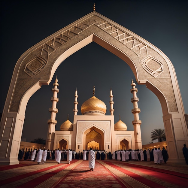 A mosque with people celebrating EidalAdha