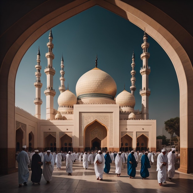 A mosque with people celebrating EidalAdha