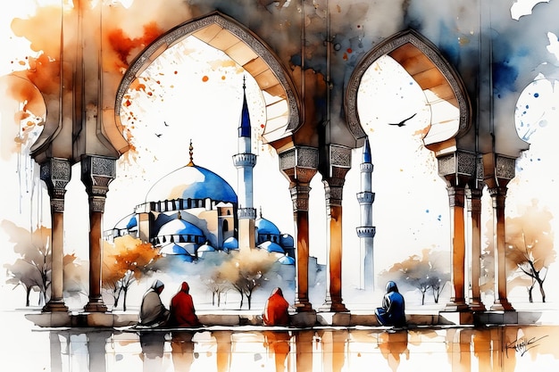 イスラム教徒が祈るモスク 生成的なAIソフトウェアで作成されたイスラム教の祝日
