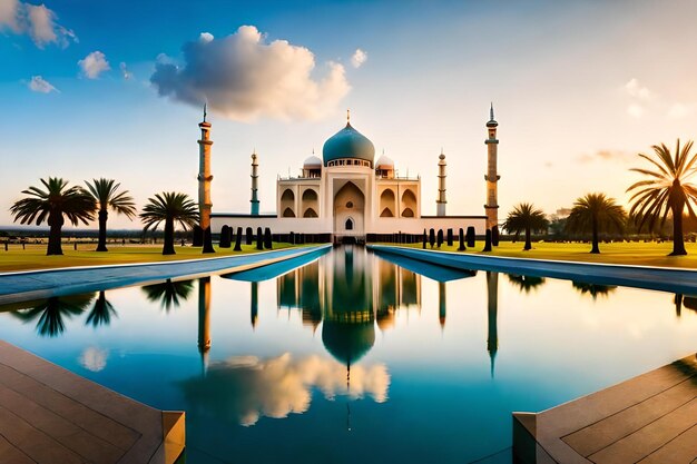 A mosque with a reflection of a blue mosque in the water