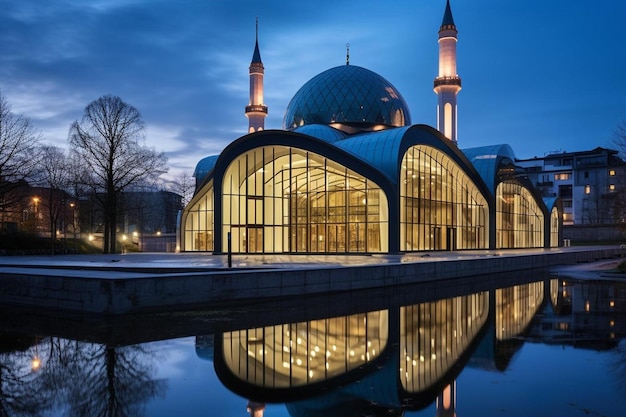 Photo a mosque with a reflection of a building in the water