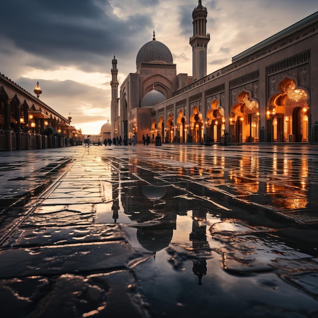 a mosque with a reflection of a building in the water