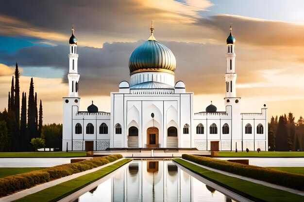 a mosque with a reflection of a cloudy sky.