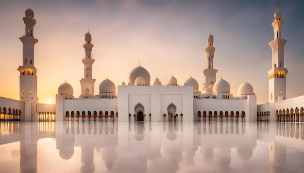 a mosque with a reflection of a cloudy sky