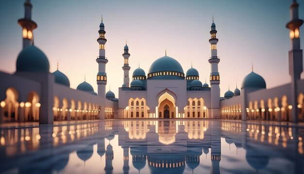 Photo mosque with a reflection of the mosque in the middle