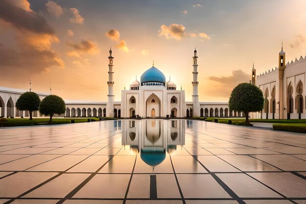 A mosque with a reflection of the mosque in the water