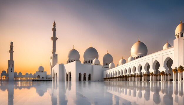 Photo a mosque with a reflection of the mosque in the water