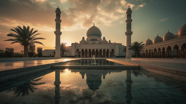 A mosque with a reflection of the sky and the sun setting behind it