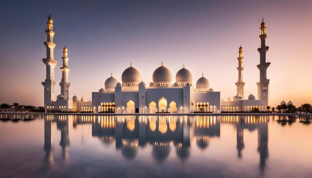 Photo a mosque with a reflection of the sky in the water