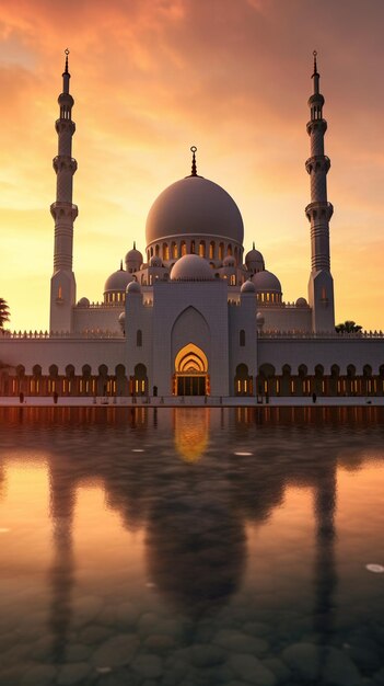 a mosque with a reflection of the sun in the water.