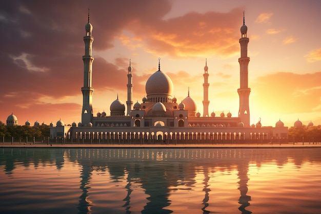 Mosque with reflection in the water at sunset Ai Generated