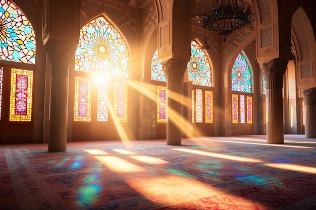 Photo a mosque with stained glass windows and the sun shining through the windows