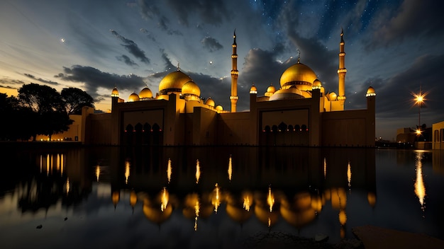 A mosque with a starry sky in the background