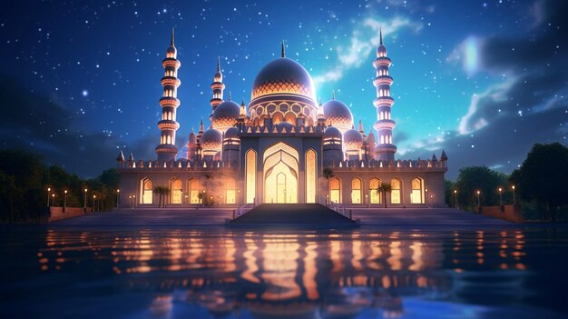 A mosque with a starry sky and the moon