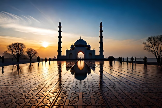 A mosque with the sun setting behind it