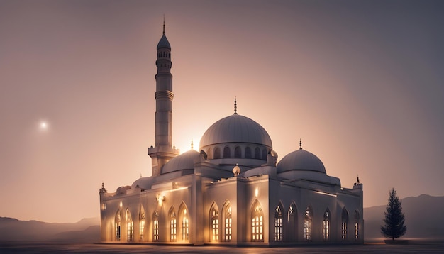 a mosque with a sun setting behind it