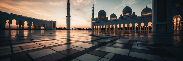 A mosque with a sunset in the background