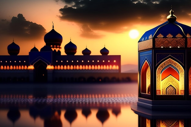 A mosque with a sunset in the background