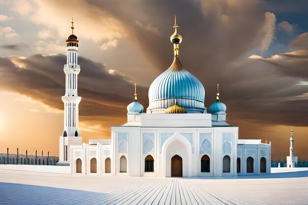 a mosque with a sunset background